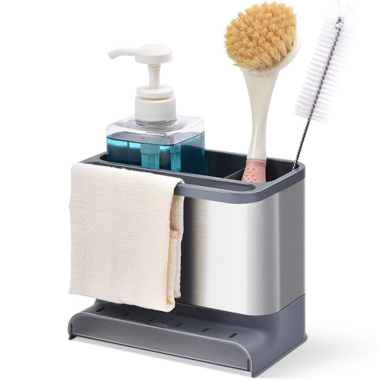 Dispensador Jabón de Platos Domura, Gris Oscuro y Metalizado, 3 en 1
