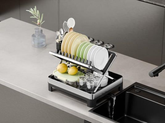 Escurridor de Platos Plegable Vitalia, Negro y Gris, en Forma de x Metalizado