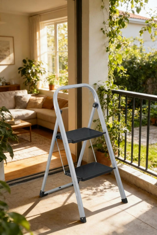 Escalera Tubular Trébol, Gris y Negro, Plagable de 2 Niveles