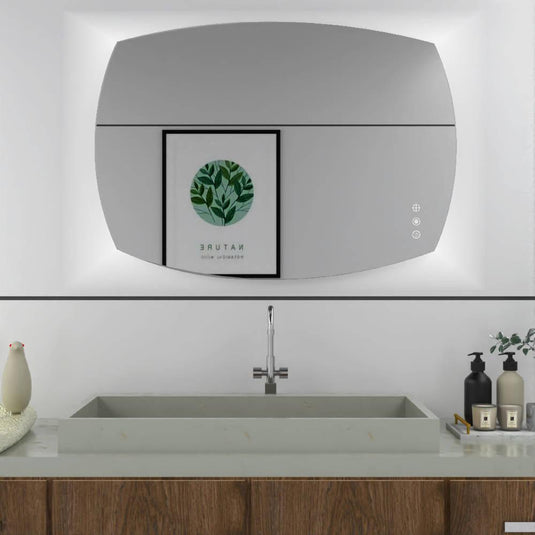 Espejo curvo retro gris con luz LED y botón touch 50x70 cm