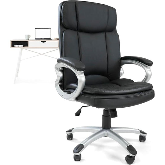 Silla De Oficina Giratoria Ergonómica De Cuero Negro Con Reposabrazos, Elegante, Liventra