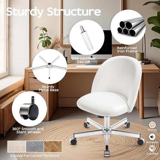 Silla De Escritorio Con Respaldo De Cuero Con Altura Ajustable, Morkprism, Blanco Perla