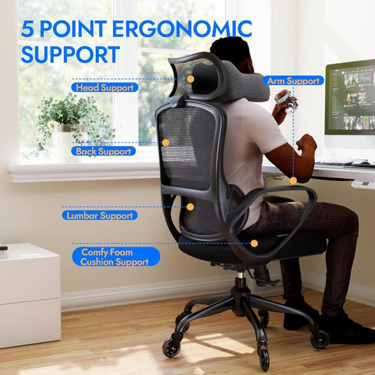 Silla De Oficina Ergonómica, LarkLeaves Con Almohada Para El Cuello Y Ruedas De Goma