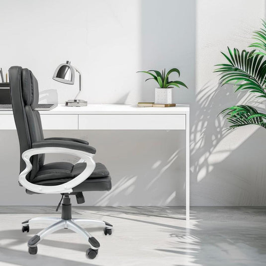 Silla De Oficina Giratoria Ergonómica De Cuero Negro Con Reposabrazos, Elegante, Liventra