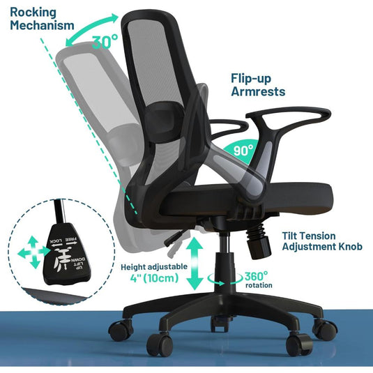 Cómoda Silla De Escritorio Ergonómica, Ajustable En Altura Con Ruedas Flexibles, KIZECK, Negro
