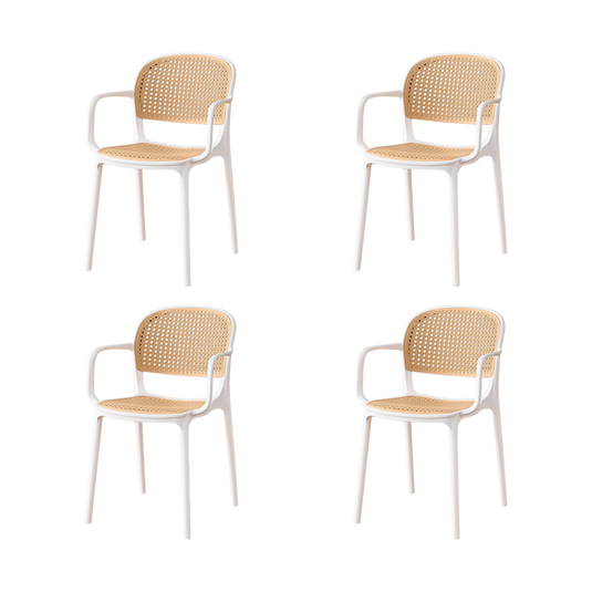 Set de 4 Sillas con Brazos Nest, Color Blanco y Beige, con Espaldar y Asiento en Rejilla