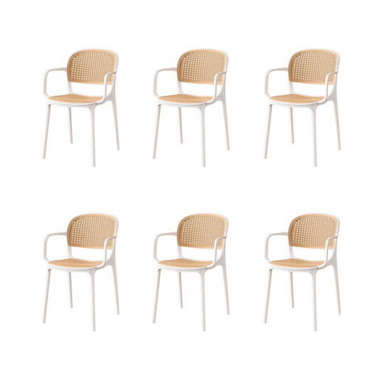 Set de 6 Sillas con Brazos Nest, Color Blanco y Beige, con Espaldar y Asiento en Rejilla