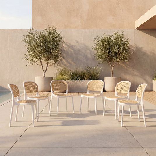 Set de 6 Sillas Nest, Color Blanco y Beige, con Espaldar y Asiento en Rejilla