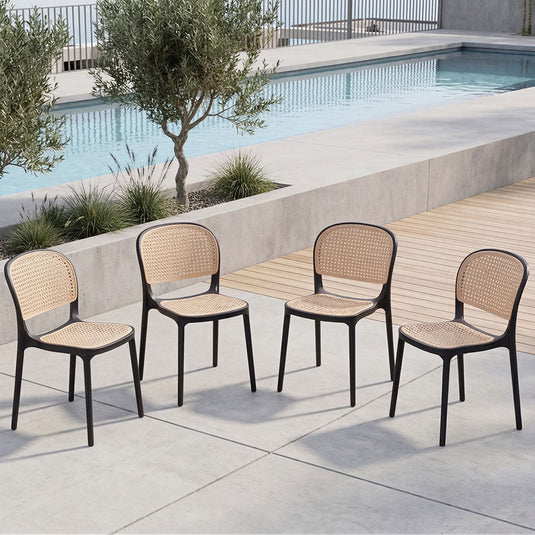 Set de 4 Sillas Nest, Color Negro y Beige, con Espaldar y Asiento en Rejilla