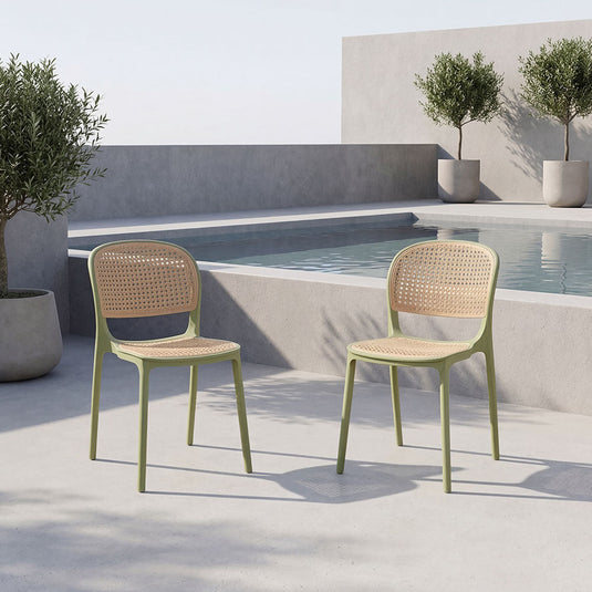 Set de 2 Sillas Nest, Color Verde Olivo y Beige, con Espaldar y Asiento en Rejilla