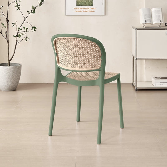Set de 4 Sillas Nest, Verde Olivo y Beige, con Espaldar y Asiento en Rejilla