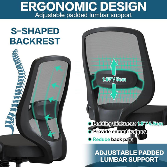 Cómoda Silla De Escritorio Ergonómica, Ajustable En Altura Con Ruedas Flexibles, KIZECK, Negro