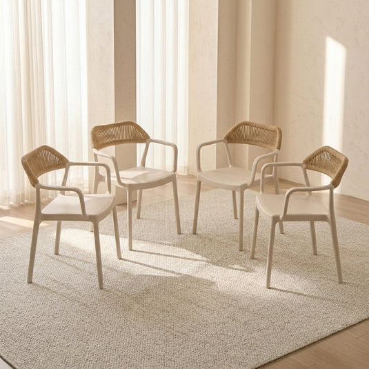 Set de 4 Sillas con Brazos Bombay, Taupe Claro y Beige, con Espaldar en Cuerdas y Diseño Moderno