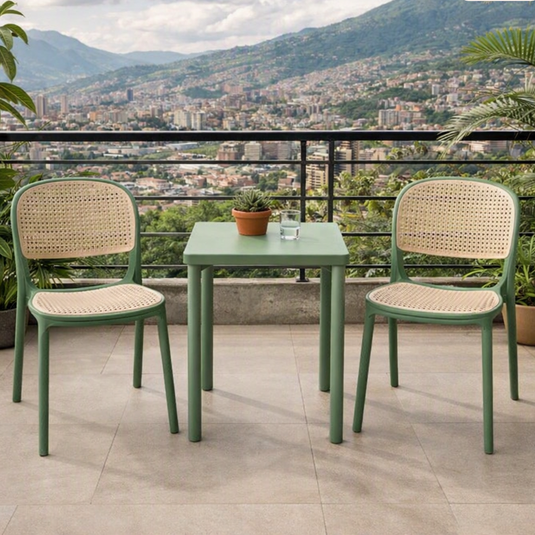 Set de 4 Sillas Nest, Verde Olivo y Beige, con Espaldar y Asiento en Rejilla