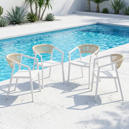 Set de 4 Sillas Balí, Blanco, con Espaldar en Cuerdas y Diseño Moderno