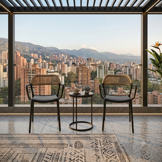 Set de 2 Sillas con Brazos Bombay, Negro y Beige, con Espaldar en Cuerdas y Diseño Moderno