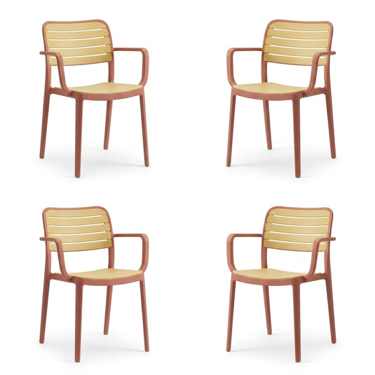Set de 4 Sillas con Brazos Carolina, Terracota y Beige, y Espaldar de Líneas Horizontales