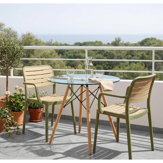 Silla Con Brazos Carolina, Verde Olivo y Beige, y espaldar de Líneas Horizontales
