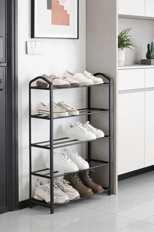 Zapatero organizador Juna, Negro, de 5 niveles con amplio espacio para 15 pares