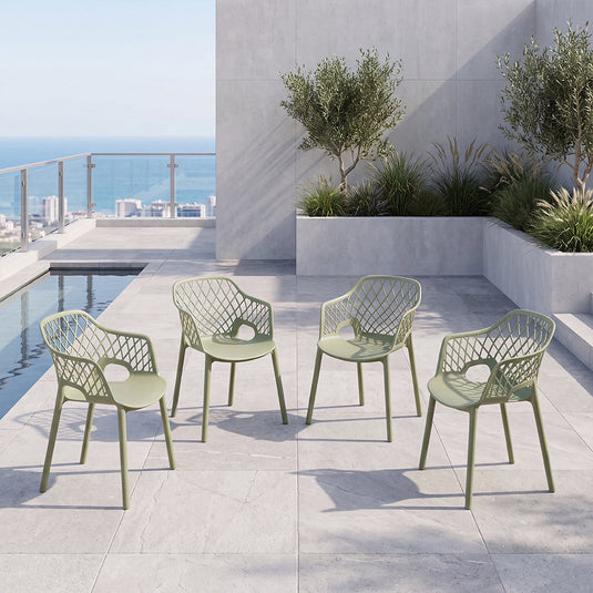 Set de 4 Sillas con Brazos Casablanca, Verde Olivo, con Espaldar en Diamantes y Estilo Moderno