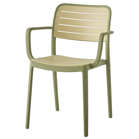 Silla Con Brazos Carolina, Verde Olivo y Beige, y espaldar de Líneas Horizontales