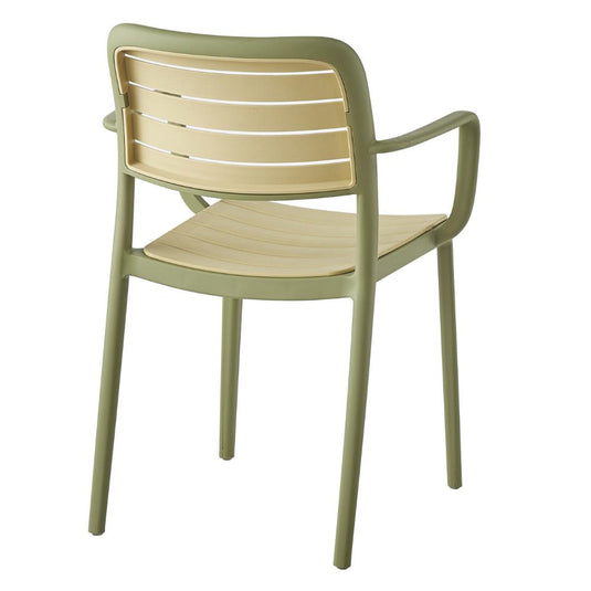 Silla Con Brazos Carolina, Verde Olivo y Beige, y espaldar de Líneas Horizontales