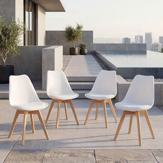 Set de 4 Sillas Fyn, Blanco, Diseño Minimalista con Espaldar, Cojín y Patas de Madera
