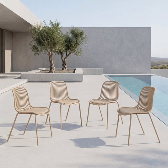 Set de 4 Sillas Barcelona, Color Beige, con Espaldar en Líneas Diseño Moderno