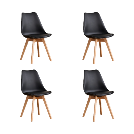 Set de 4 Sillas Fyn, Negro, Diseño Minimalista con Espaldar, Cojín y Patas de Madera