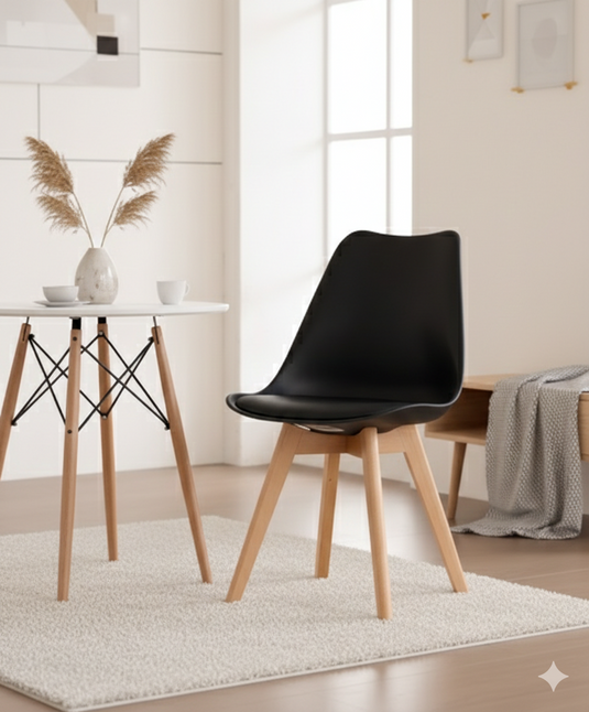 Silla Fyn, Negro , Diseño Minimalista Con Espaldar, Cojín y Patas De Madera