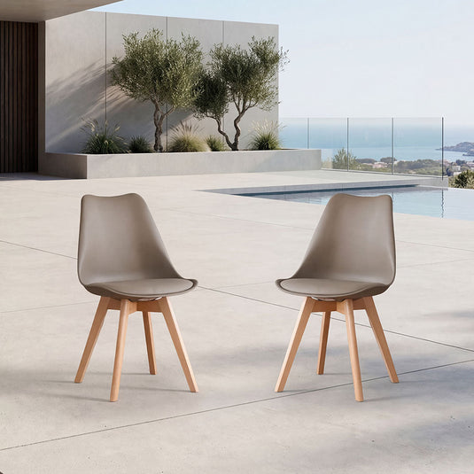 Set de 2 Sillas Fyn, Taupe, Diseño Minimalista con Espaldar, Cojín y Patas de Madera