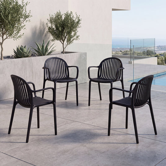 Set de 4 Sillas Marruecos con Brazos, Negro, con Espaldar en Rayas y Diseño Minimalista