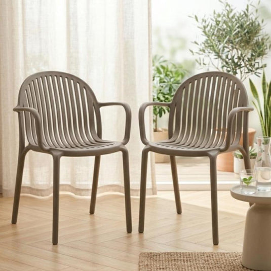 Set de 2 Sillas Marruecos con Brazos, Taupe, con Espaldar en Rayas y Diseño Minimalista