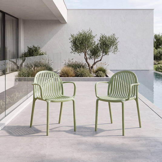 Set de 2 Sillas Marruecos con Brazos, Verde Olivo, con Espaldar en Rayas y Diseño Minimalista