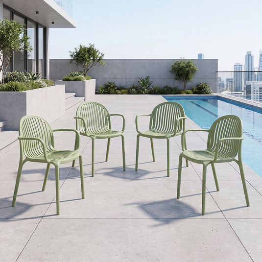 Set de 4 Sillas Marruecos con Brazos, Verde Olivo, con Espaldar en Rayas y Diseño Minimalista