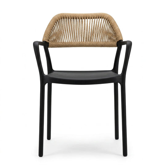 Set de 4 Sillas con Brazos Bombay, Negro y Beige, con Espaldar en Cuerdas y Diseño Moderno