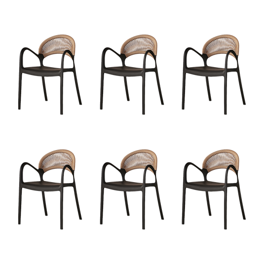 Set de 6 Sillas Daytona, Negro y Café Claro, con Espaldar, Reposa Brazos y Diseño Minimalista