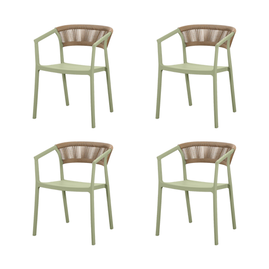 Set de 4 Sillas Balí, Verde, con Espaldar en Cuerdas y Diseño Moderno