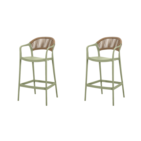Silla para Bar Bali, Verde, Con espaldar en cuerdas y diseño Moderno X2