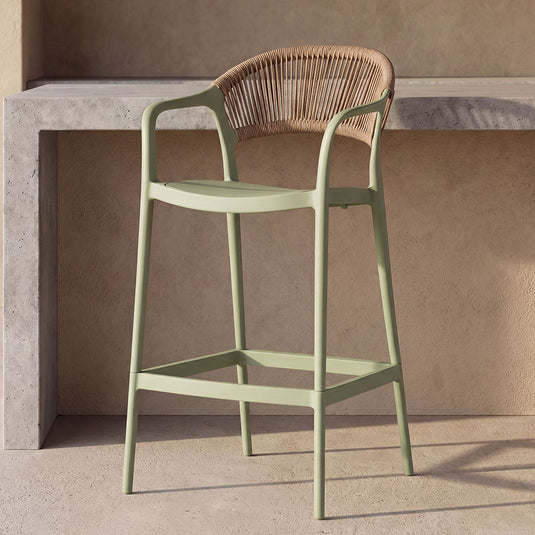 Silla para Bar Bali, Verde, Con espaldar en cuerdas y diseño Moderno X2