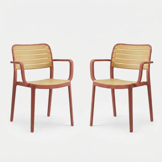Set de 2 Sillas con Brazos Carolina, Terracota y Beige, y Espaldar de Líneas Horizontales